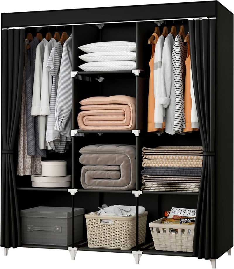 KEKIWE Portable Closet, 51 Inch Wardrobe Closet for Hanging Clothes with 2 Hanging Rods, 8 Storage Organizer Shelves for Bedroom, Durable and Easy to Assemble, Black - Image 1